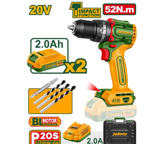 Jadever Compact Brushless Cordless Impact Drill 20V 52Nm - JDCDP5281